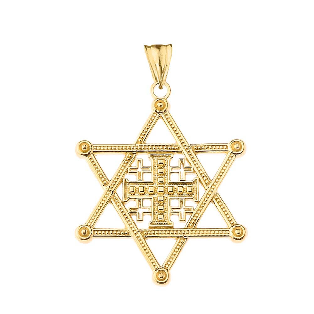 Gold Jewish Star of David Jerusalem Cross Messianic Pendant Necklace, view 2