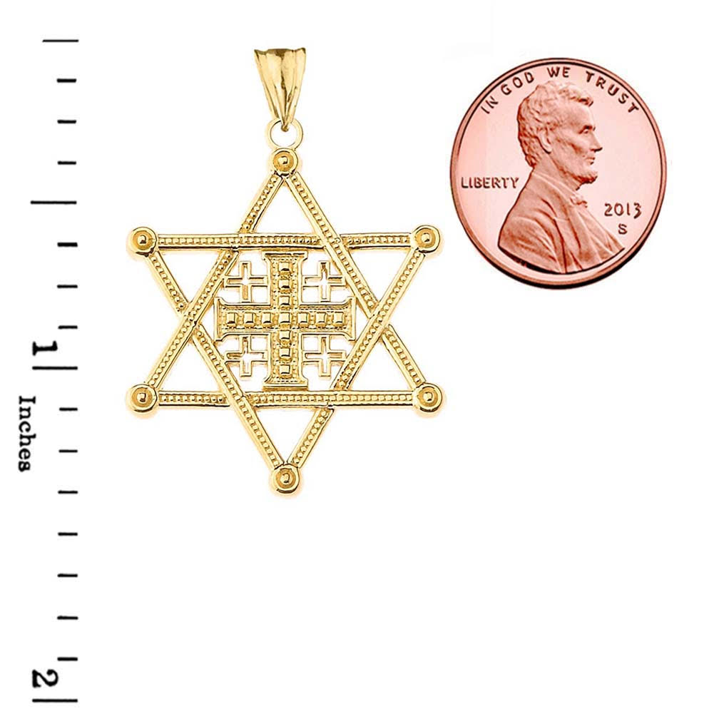 Gold Jewish Star of David Jerusalem Cross Messianic Pendant Necklace, view 3