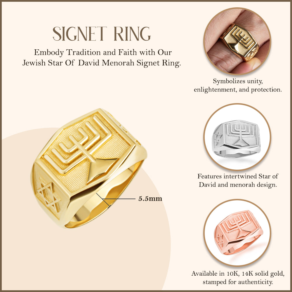 Gold Jewish Star Of David Menorah Signet Ring, view 3