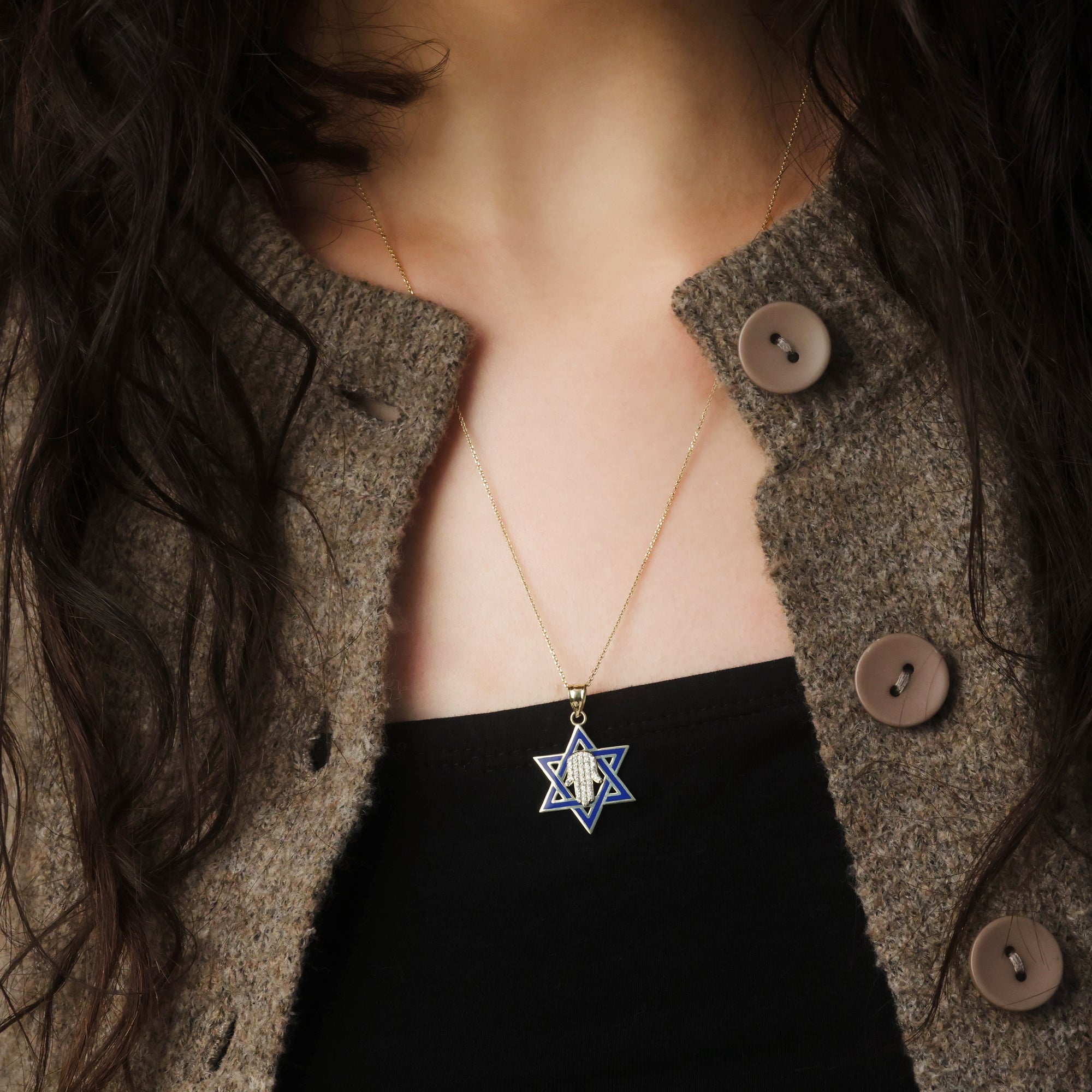 Gold Jewish Star of David Necklace with Diamond Hamsa, view 2