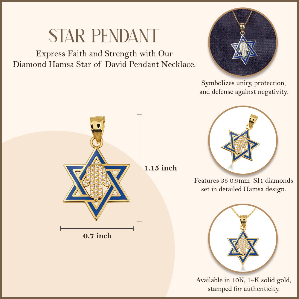 Gold Jewish Star of David Necklace with Diamond Hamsa, view 3