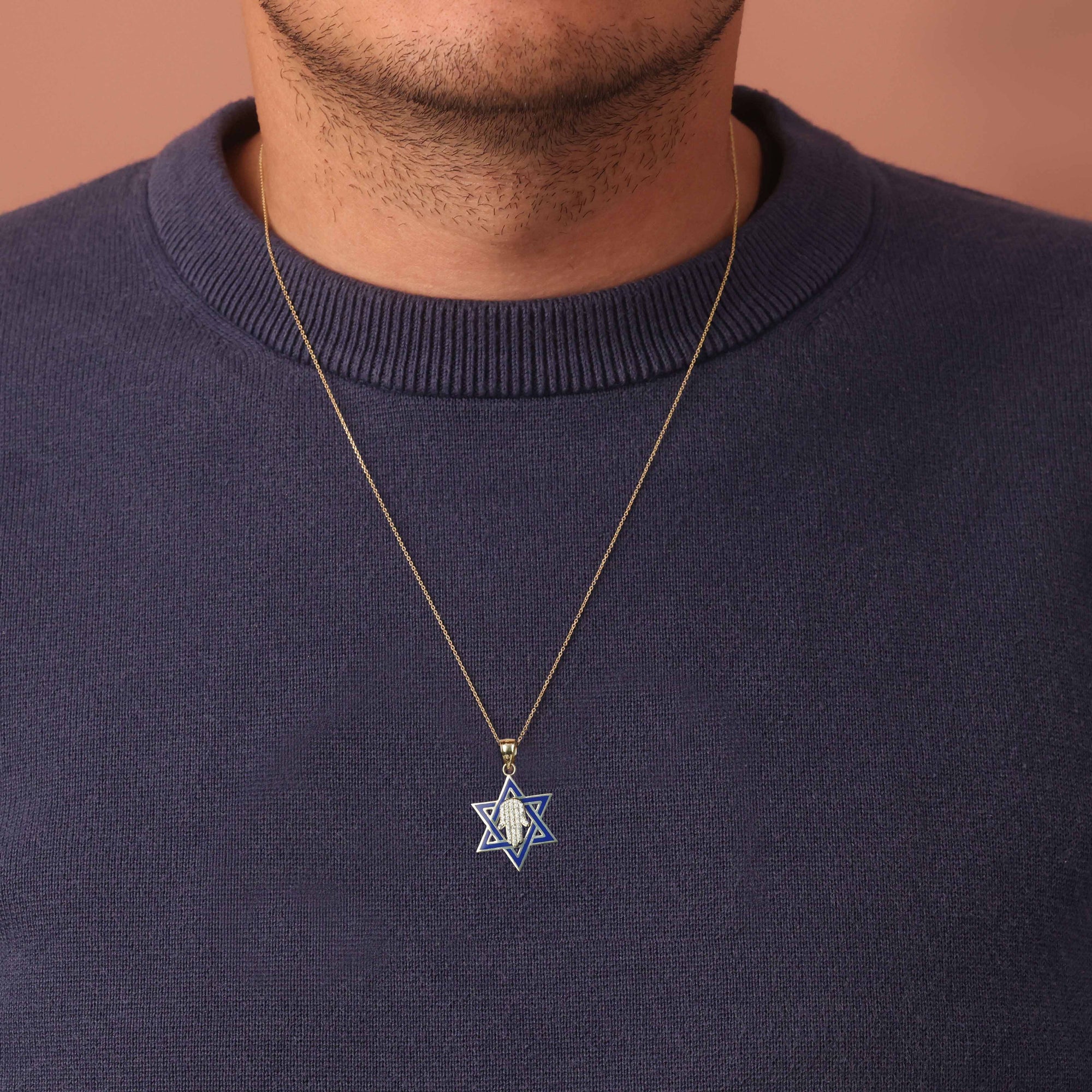 Gold Jewish Star of David Necklace with Diamond Hamsa, view 4