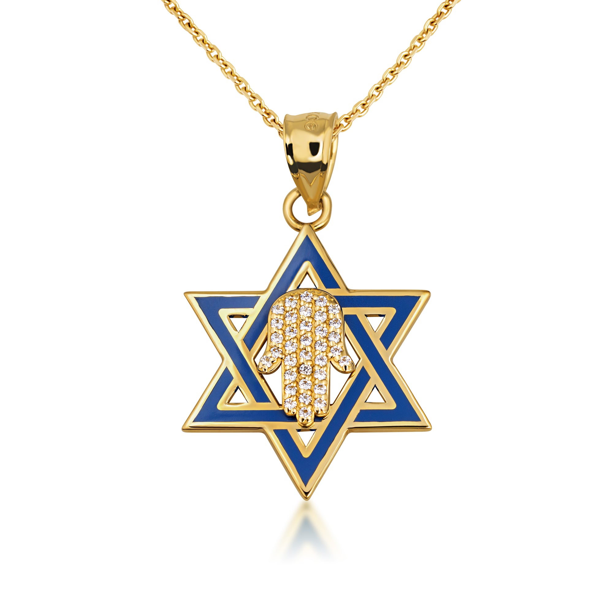 Gold Jewish Star of David Necklace with Diamond Hamsa, view 6