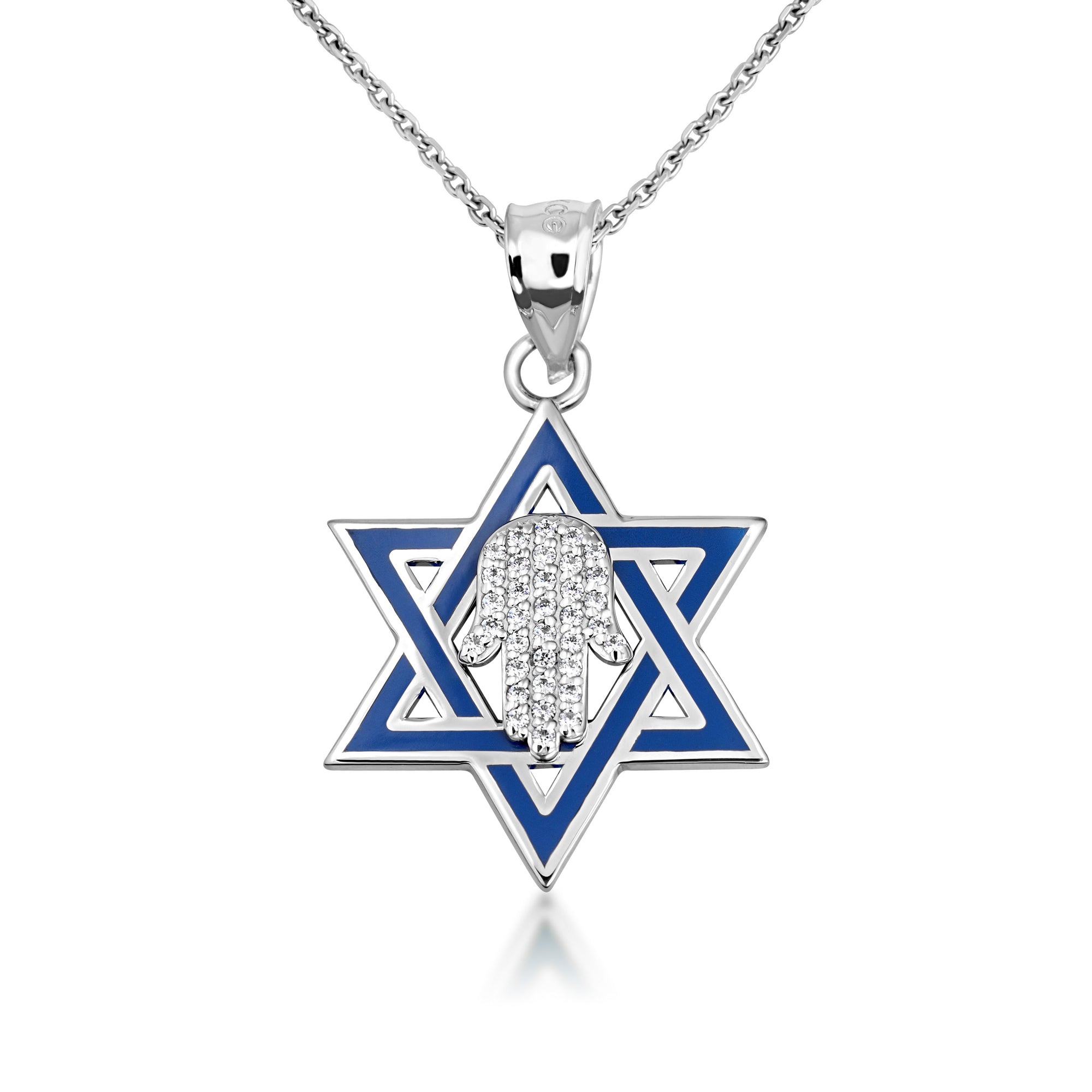 Gold Jewish Star of David Necklace with Diamond Hamsa, view 10