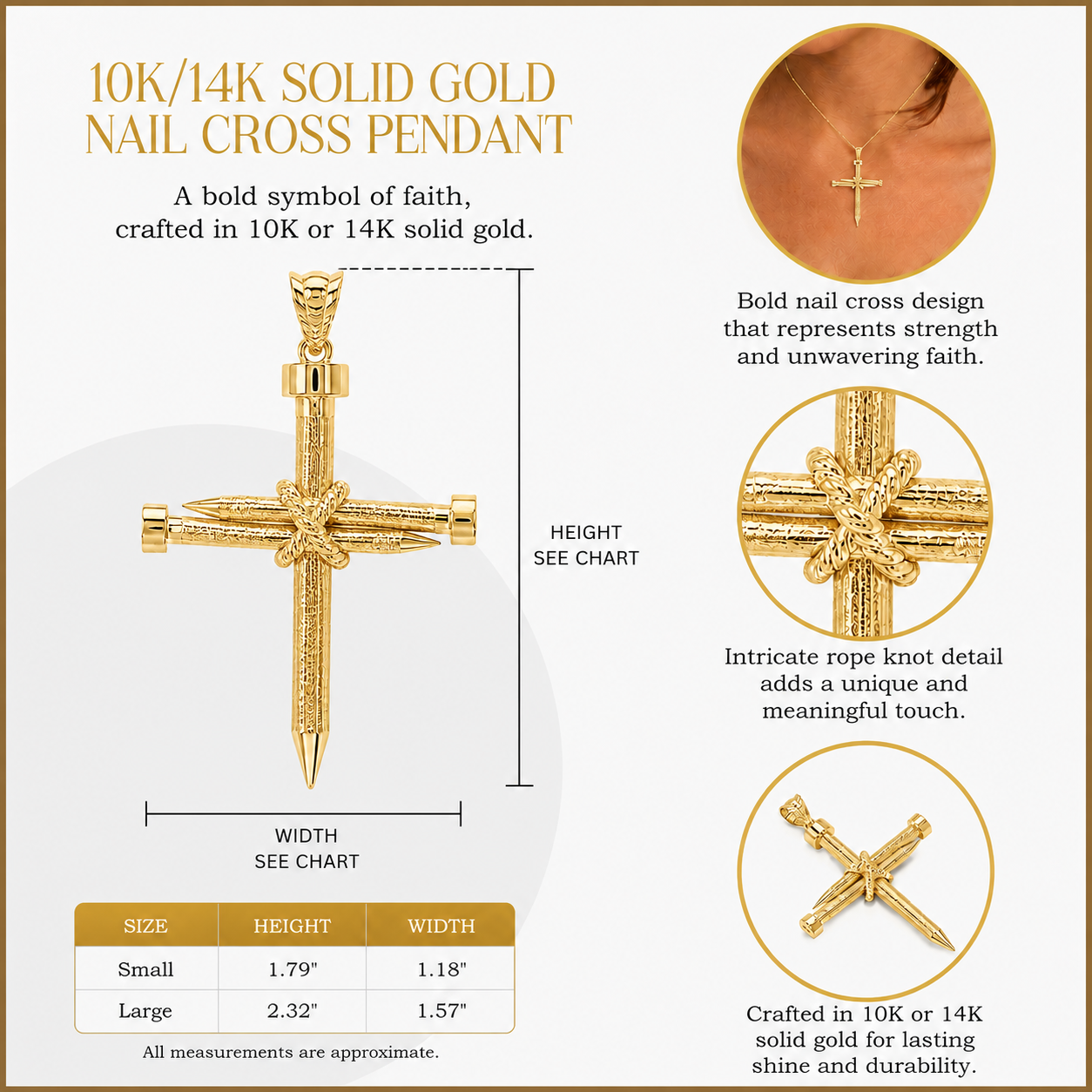 Gold Knot Nail Cross Crucifix Pendant Necklace, view 2