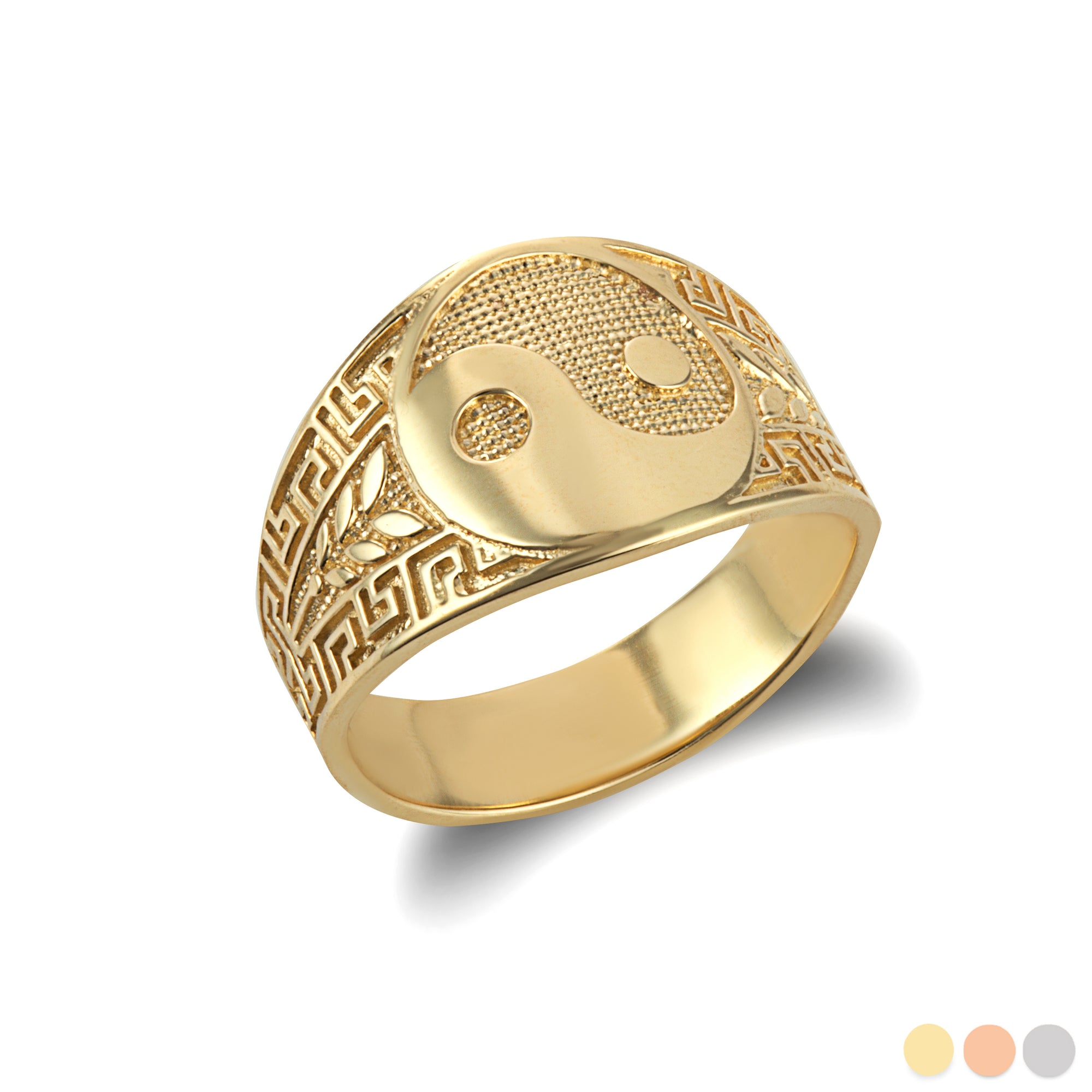 Gold Large Chinese Yin & Yang Tai Chi Textured Greek Key Olive Branch Ring