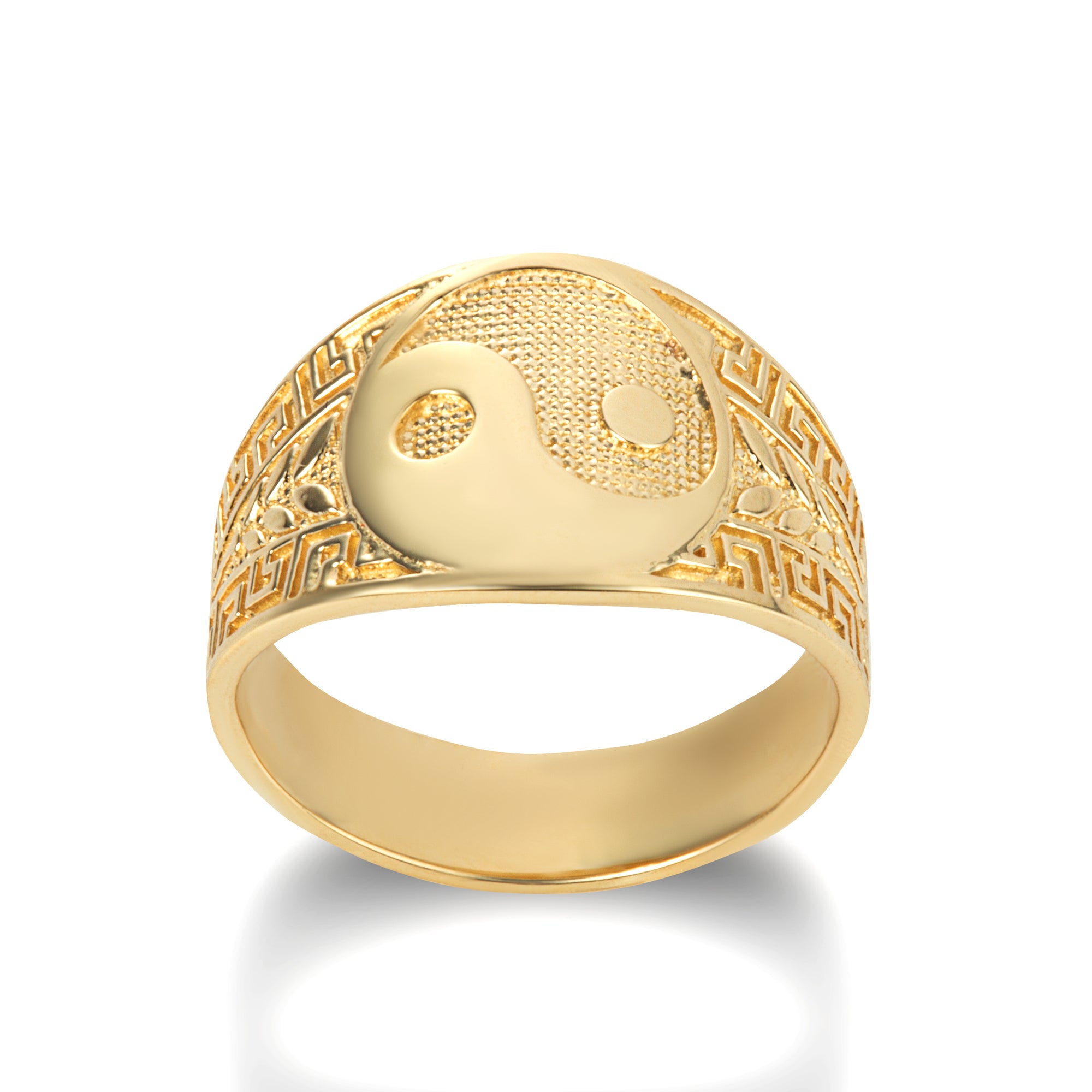 Gold Large Chinese Yin & Yang Tai Chi Textured Greek Key Olive Branch Ring, view 4