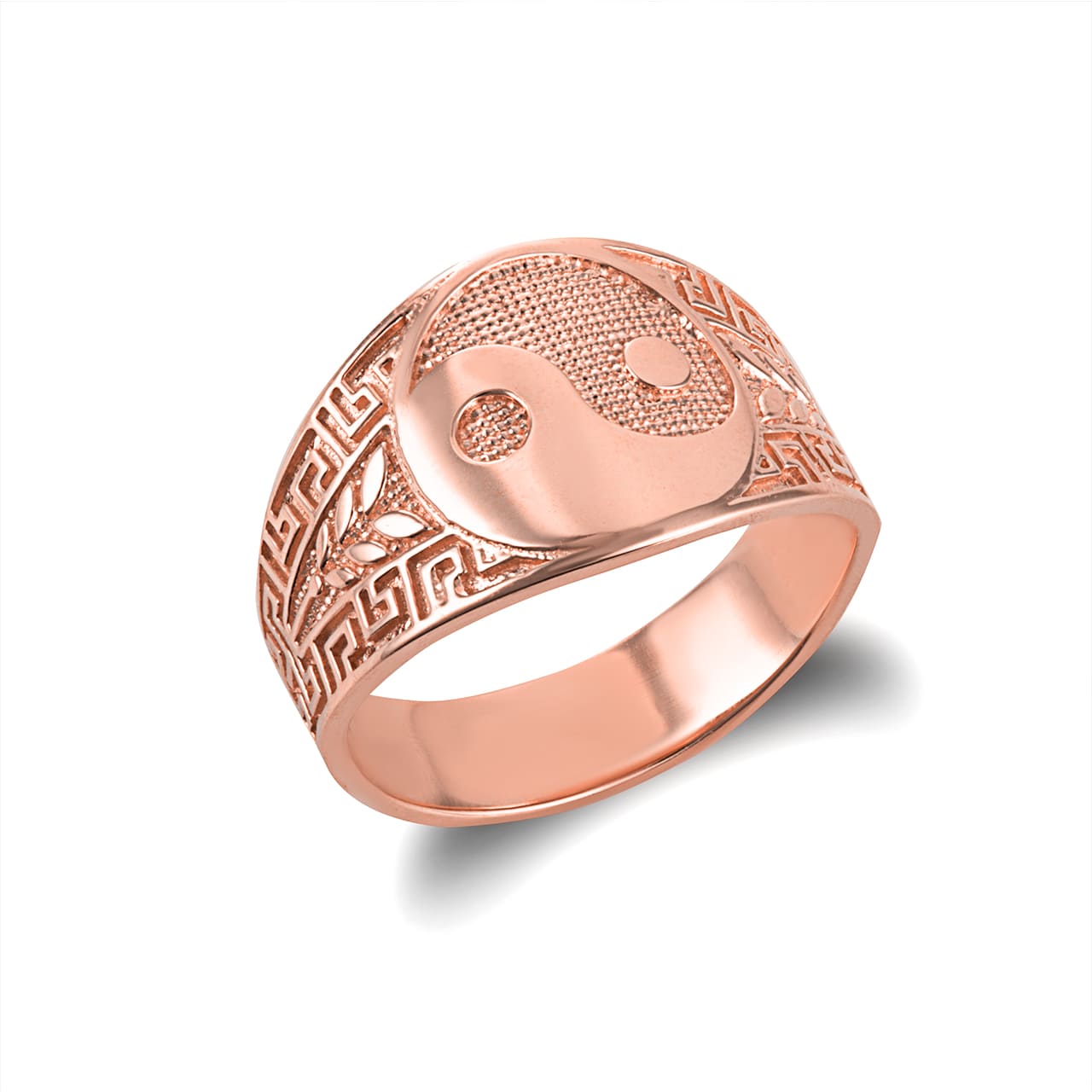 Gold Large Chinese Yin & Yang Tai Chi Textured Greek Key Olive Branch Ring, view 5