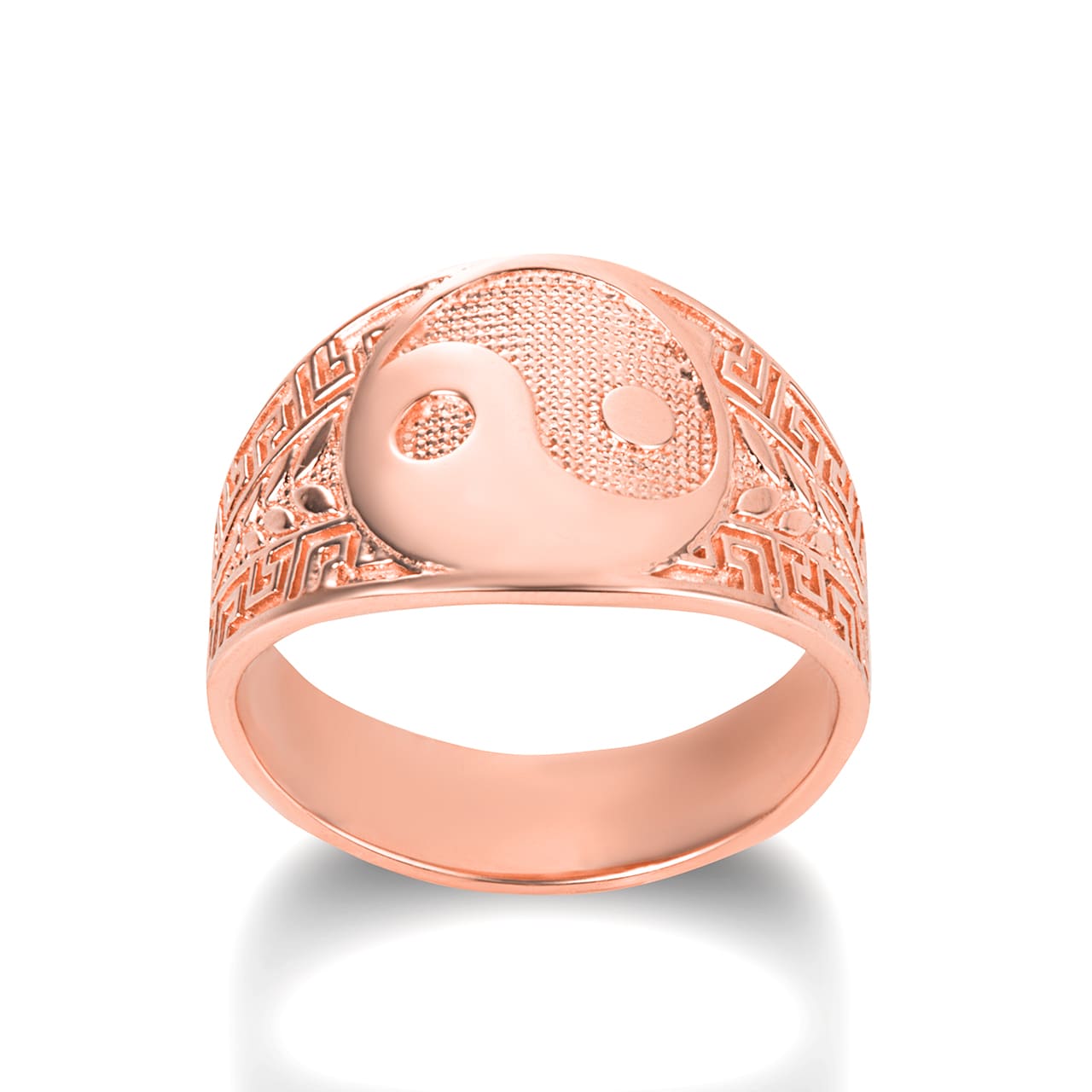 Gold Large Chinese Yin & Yang Tai Chi Textured Greek Key Olive Branch Ring, view 6