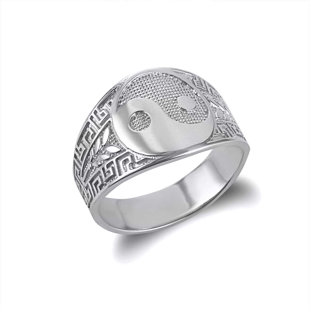Gold Large Chinese Yin & Yang Tai Chi Textured Greek Key Olive Branch Ring, view 7