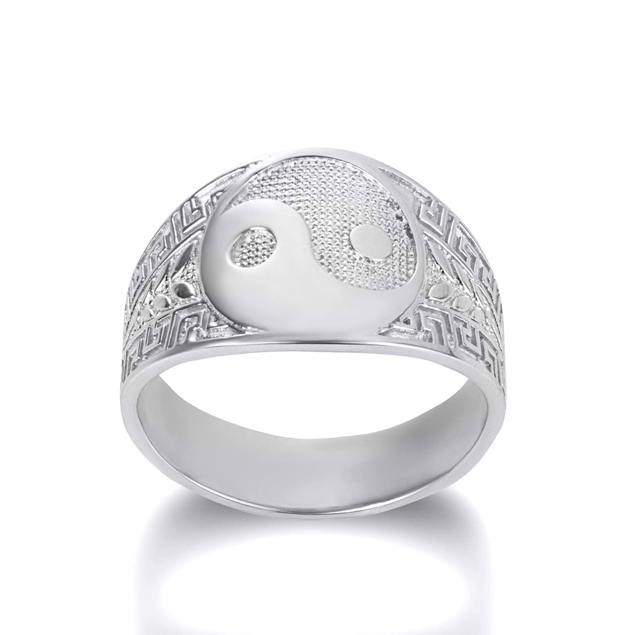 Gold Large Chinese Yin & Yang Tai Chi Textured Greek Key Olive Branch Ring, view 8