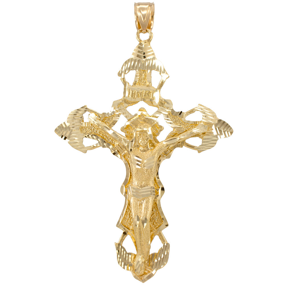 Gold Large Diamond Cut Cross Crucifix Jesus Christ Pendant