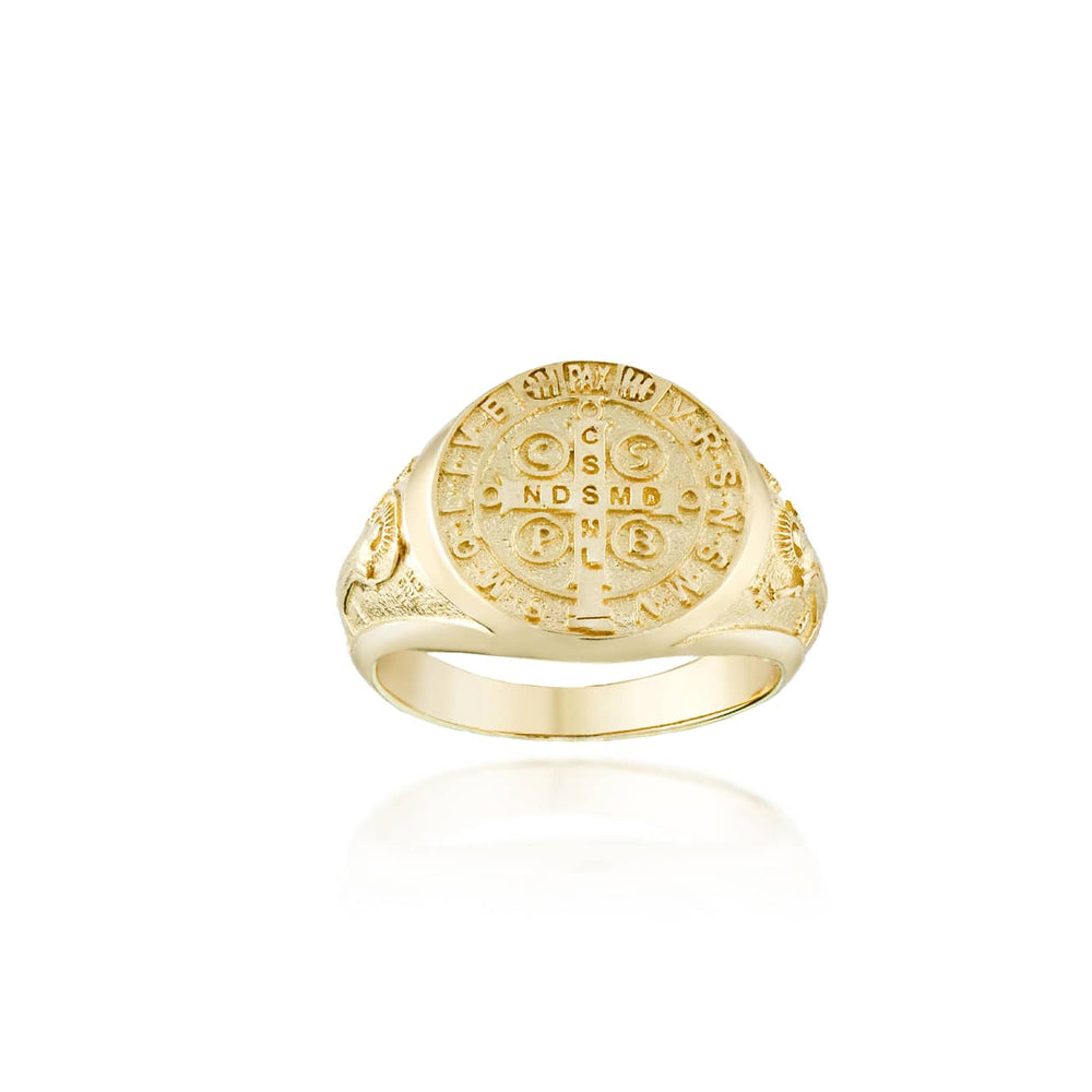 Gold Large Religious Saint Benedict Holy Cross Signet Ring