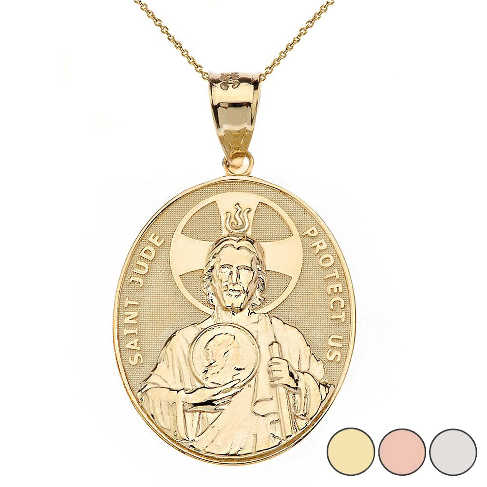 Gold Large Saint Jude Protect Us Oval Pendant Necklace (1.32")
