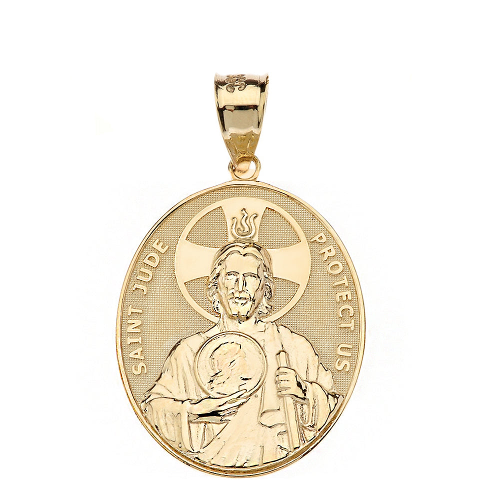 Gold Large Saint Jude Protect Us Oval Pendant Necklace (1.32"), view 2