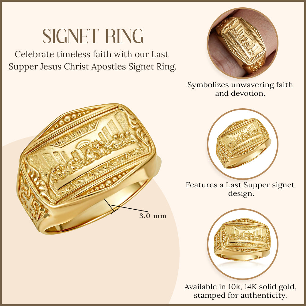 Gold Last Supper Jesus Christ Apostles Biblical Cross Signet Ring, view 3