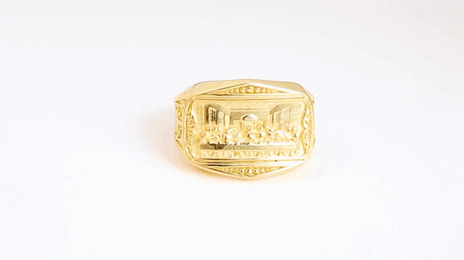Gold Last Supper Jesus Christ Apostles Biblical Cross Signet Ring, view 4