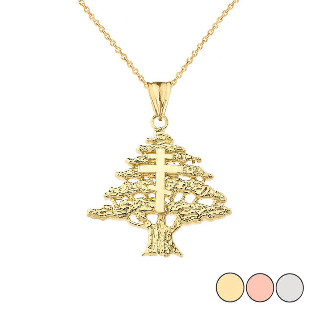 Gold Lebanese Cedar Tree With Orthodox Cross Pendant Necklace