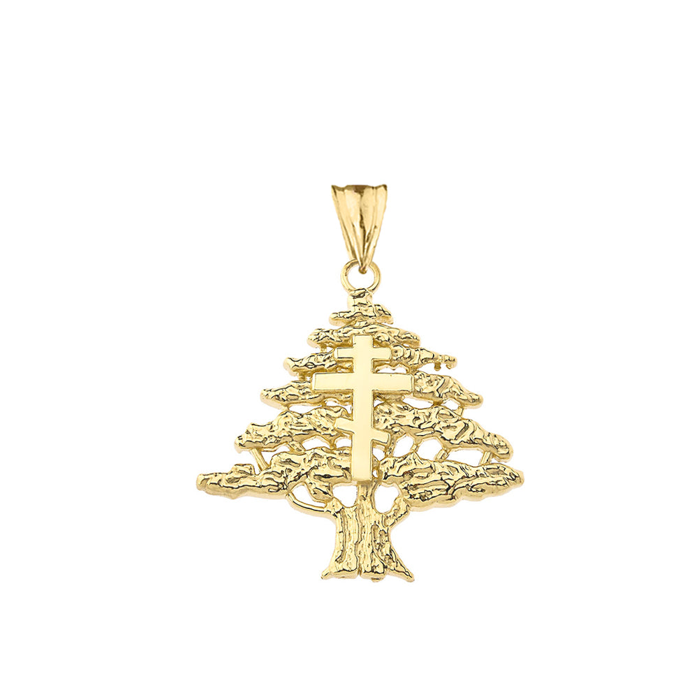 Gold Lebanese Cedar Tree With Orthodox Cross Pendant Necklace, view 2