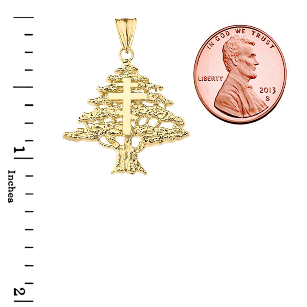 Gold Lebanese Cedar Tree With Orthodox Cross Pendant Necklace, view 3