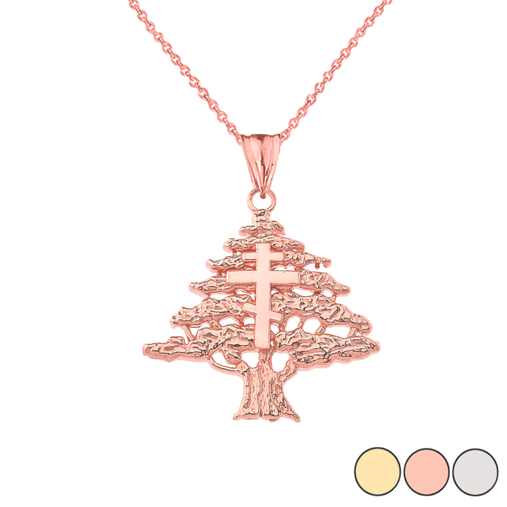Gold Lebanese Cedar Tree With Orthodox Cross Pendant Necklace, view 4