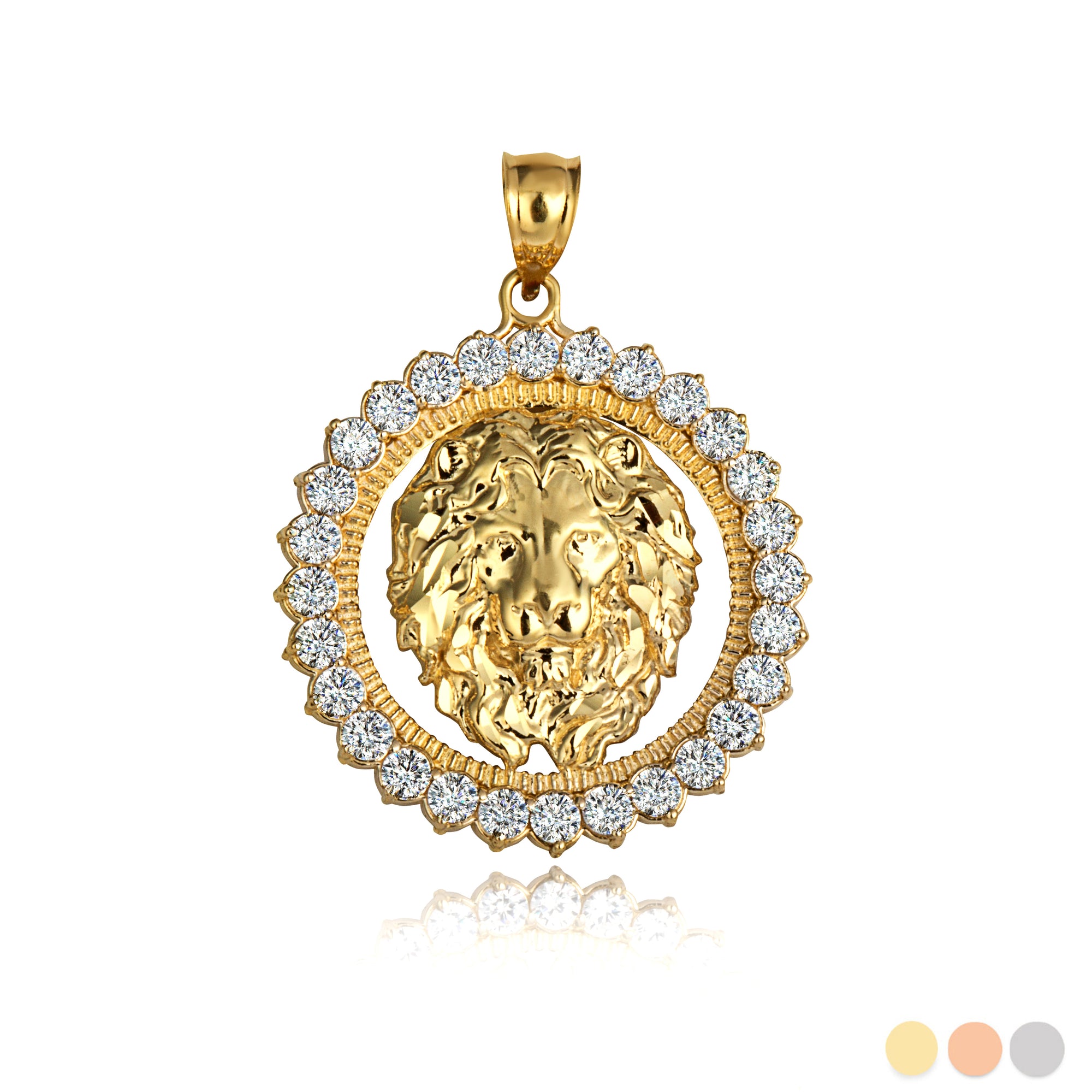 Gold Lion Head Round Cubic Zirconia Pendant Necklace