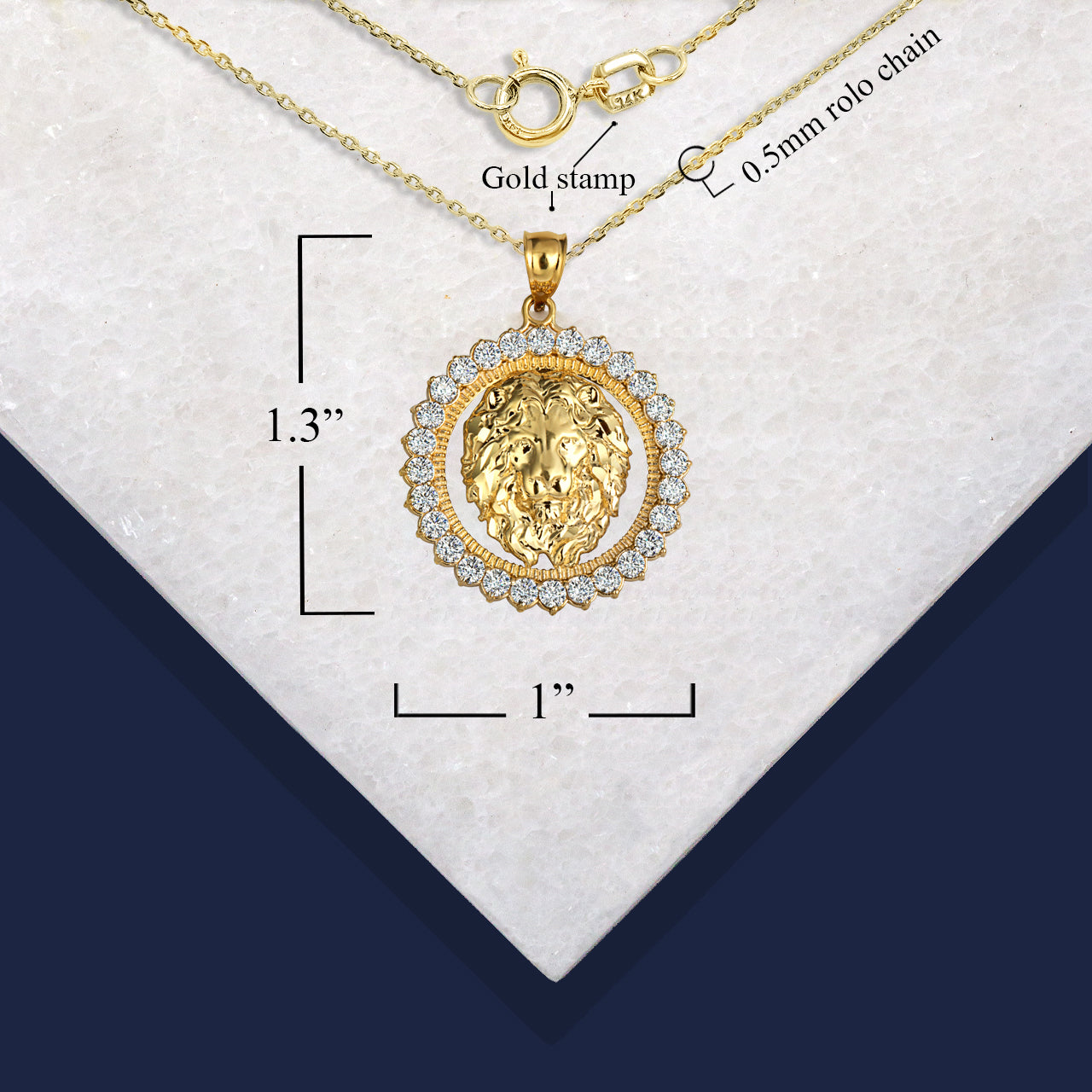 Gold Lion Head Round Cubic Zirconia Pendant Necklace, view 3