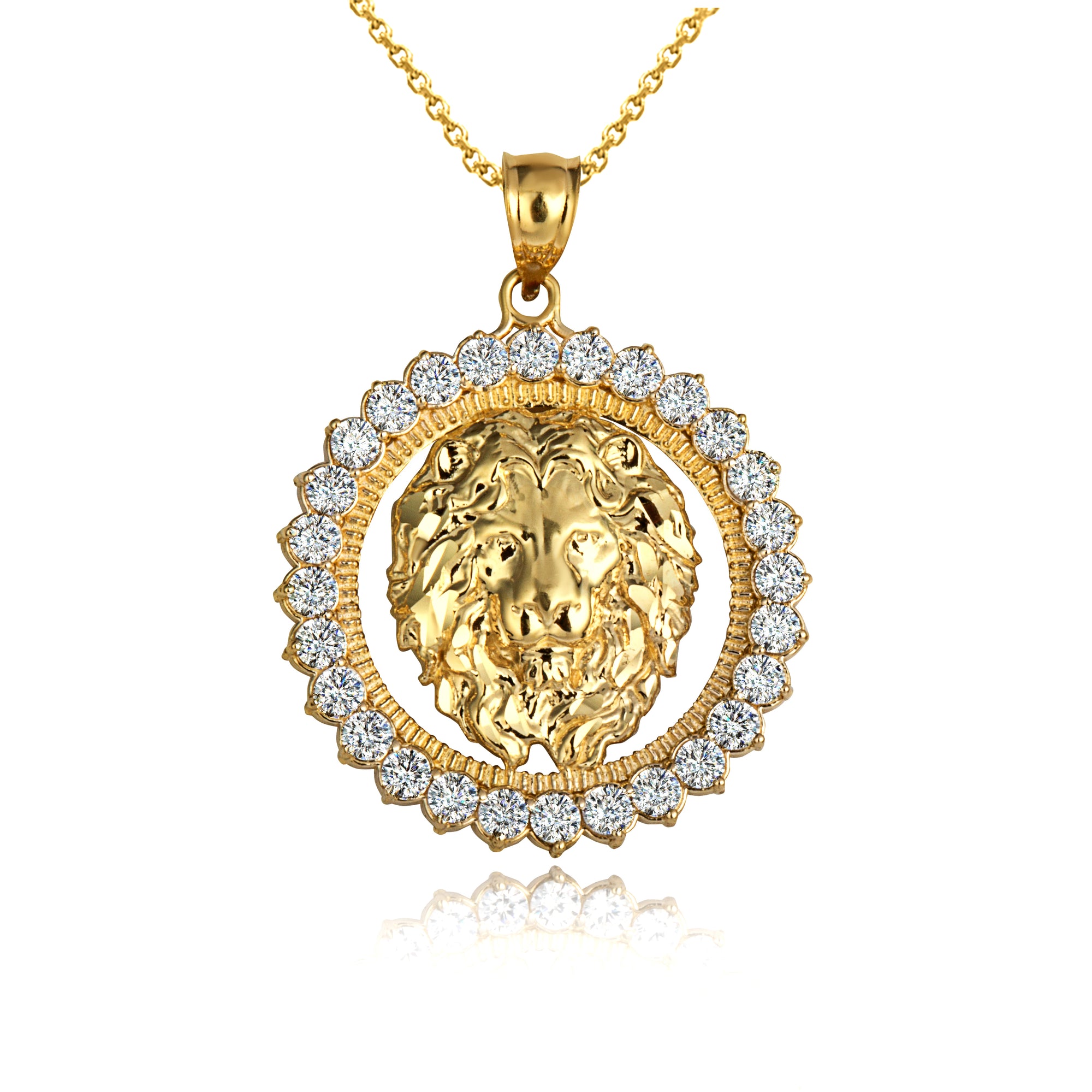 Gold Lion Head Round Cubic Zirconia Pendant Necklace, view 4