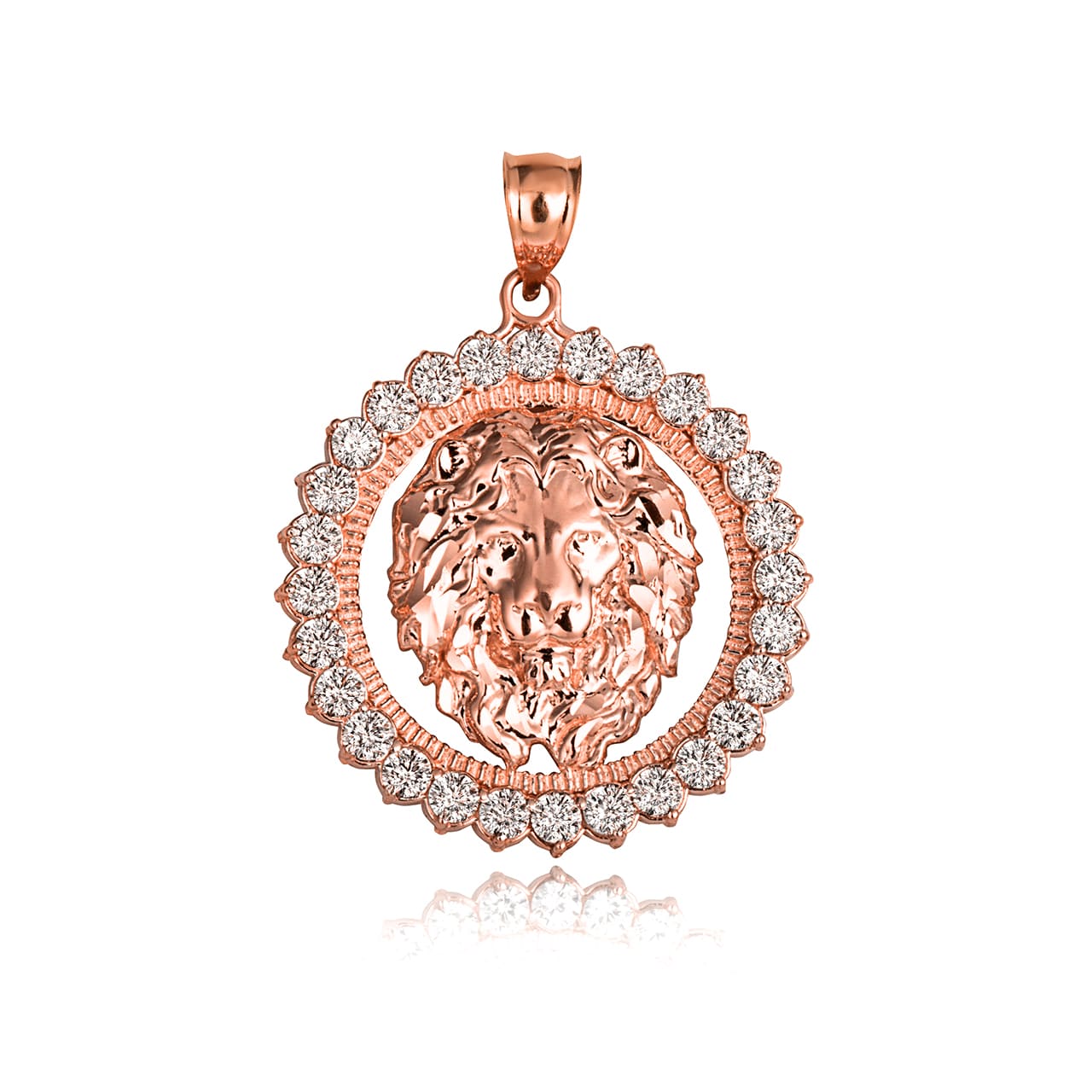 Gold Lion Head Round Cubic Zirconia Pendant Necklace, view 5