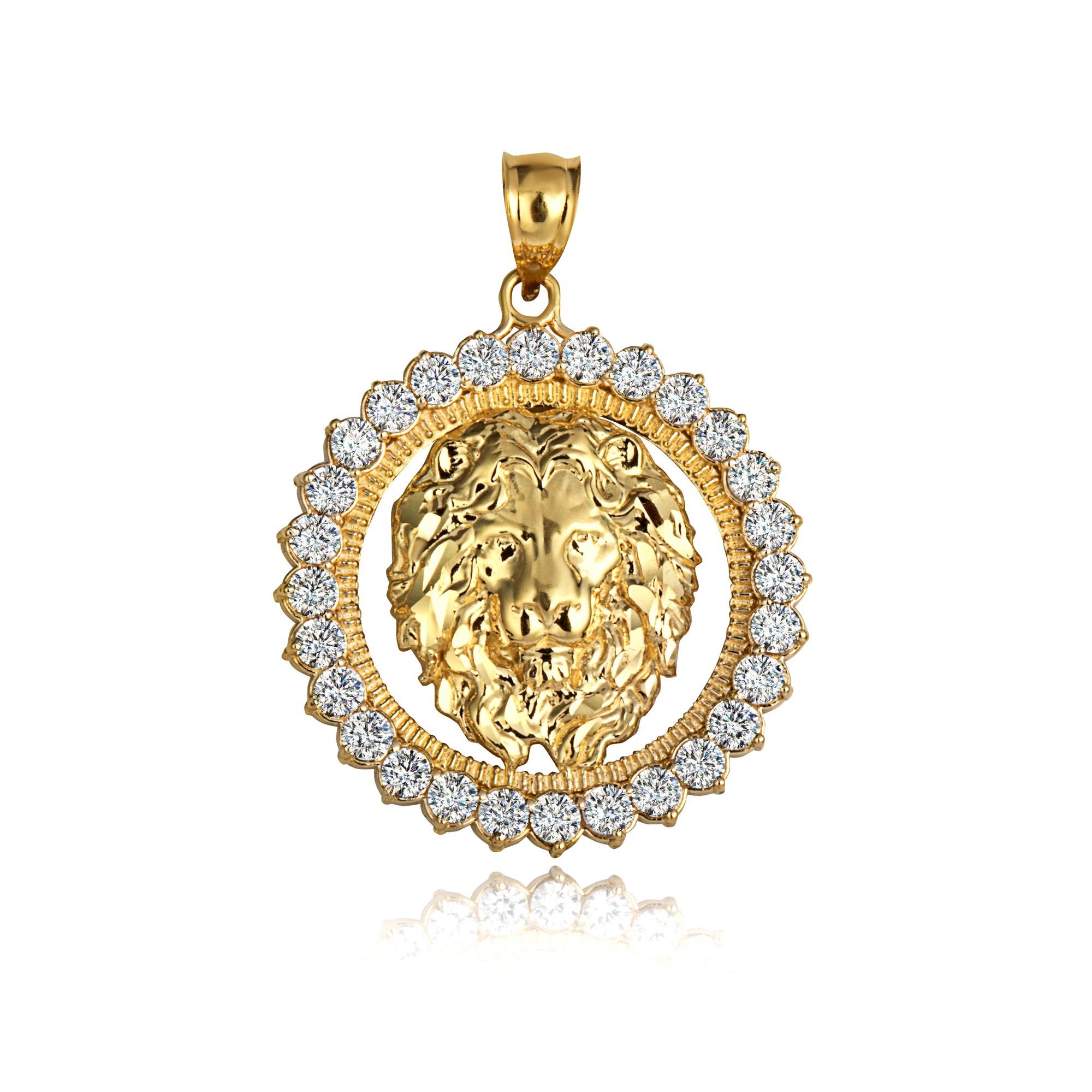 Gold Lion Head Round Cubic Zirconia Pendant Necklace, view 9