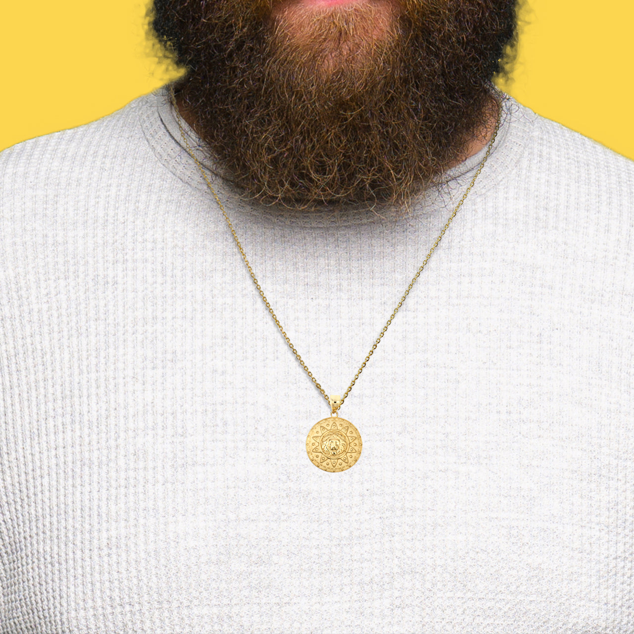 Gold Lion Head Sun Beaded Medallion Pendant Necklace, view 2