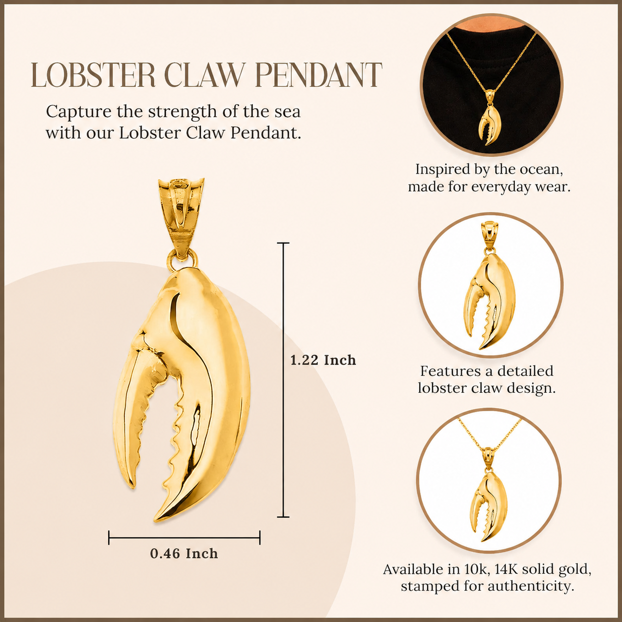 Gold Lobster Claw Pendant Necklace, view 7