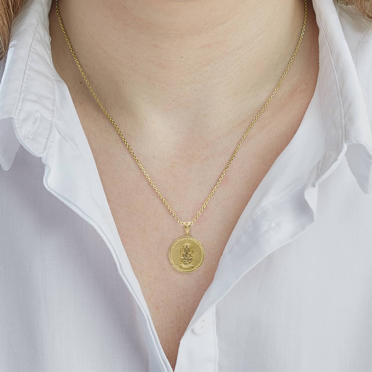 Gold Lord Ganesha Hindu Coin Pendant, view 3