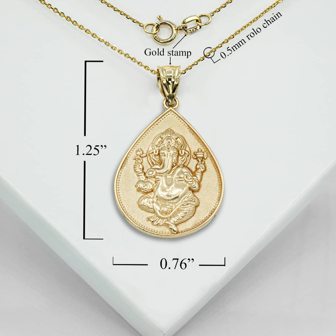 Gold Lord Ganesha Hindu Elephant God Hammered Pendant Necklace, view 4