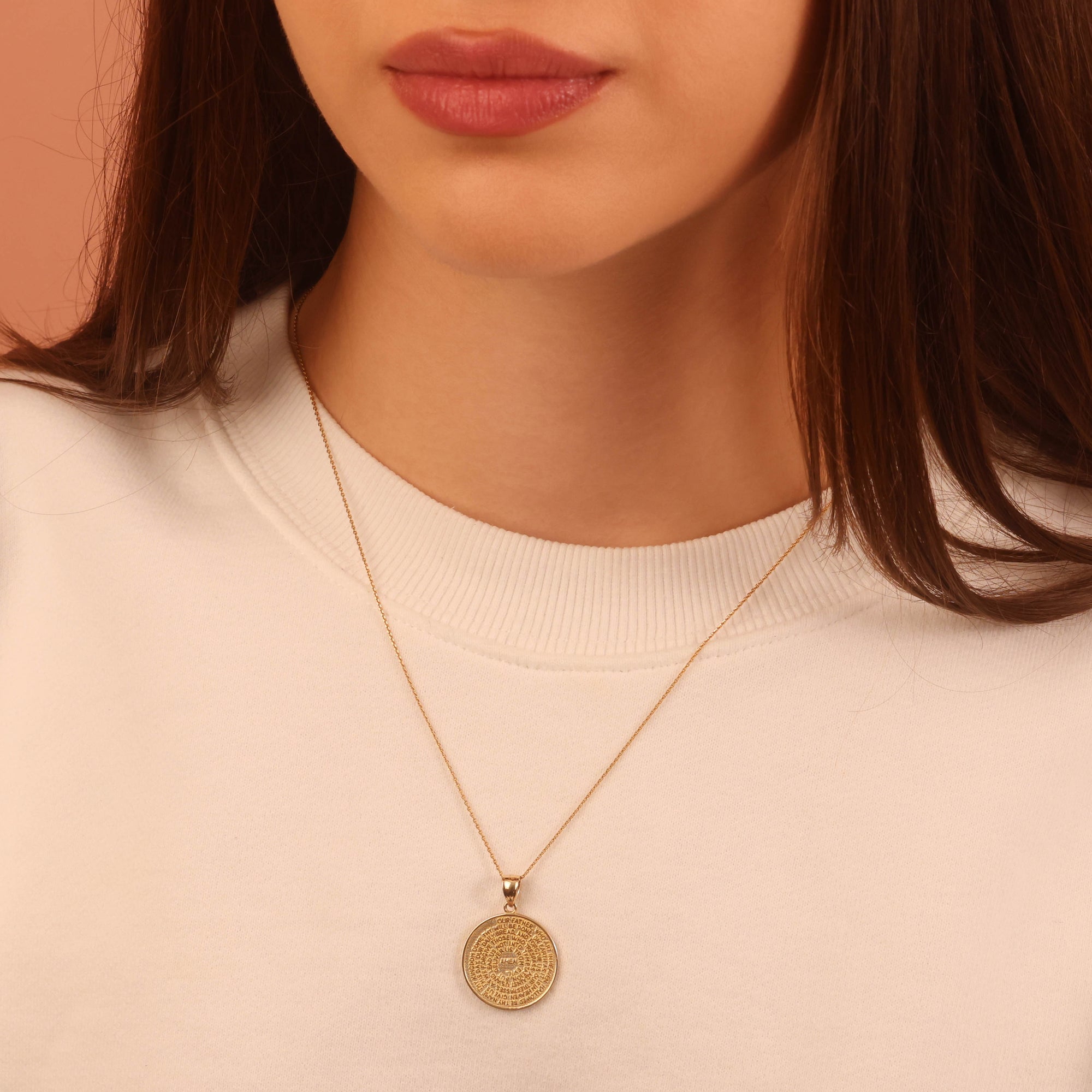 Gold Lord's Prayer Christian Small Medallion Necklace, view 2