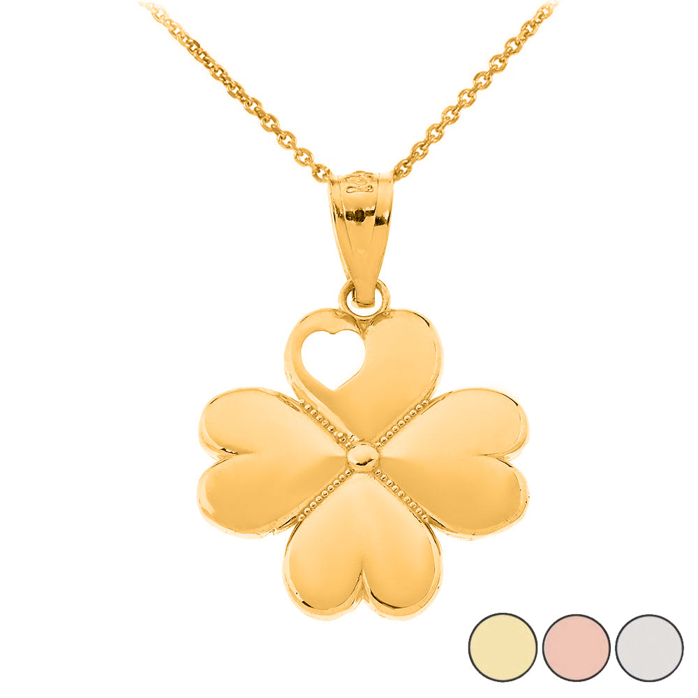 Gold Lucky 4 Leaf Clover Heart Pendant Necklace