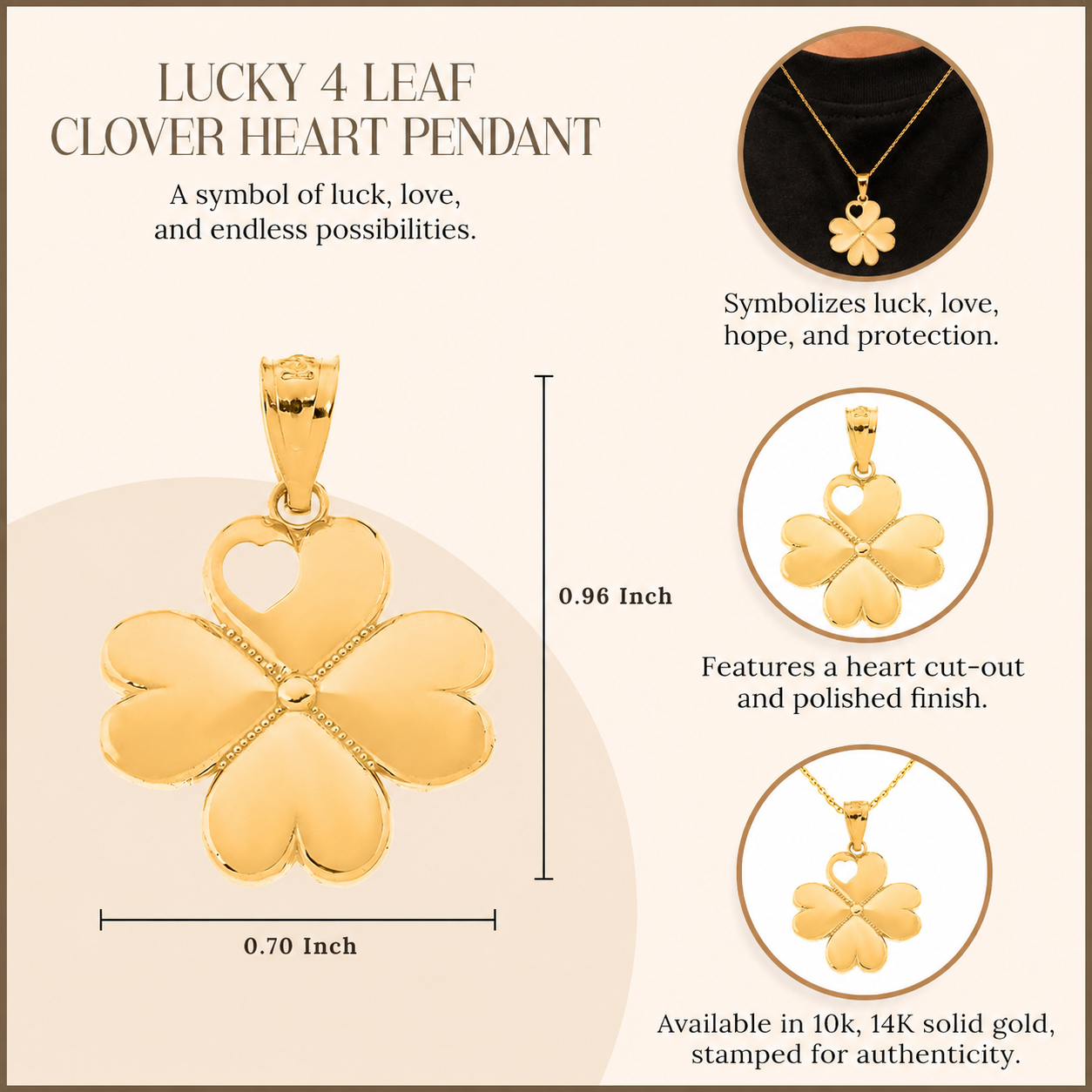 Gold Lucky 4 Leaf Clover Heart Pendant Necklace, view 3