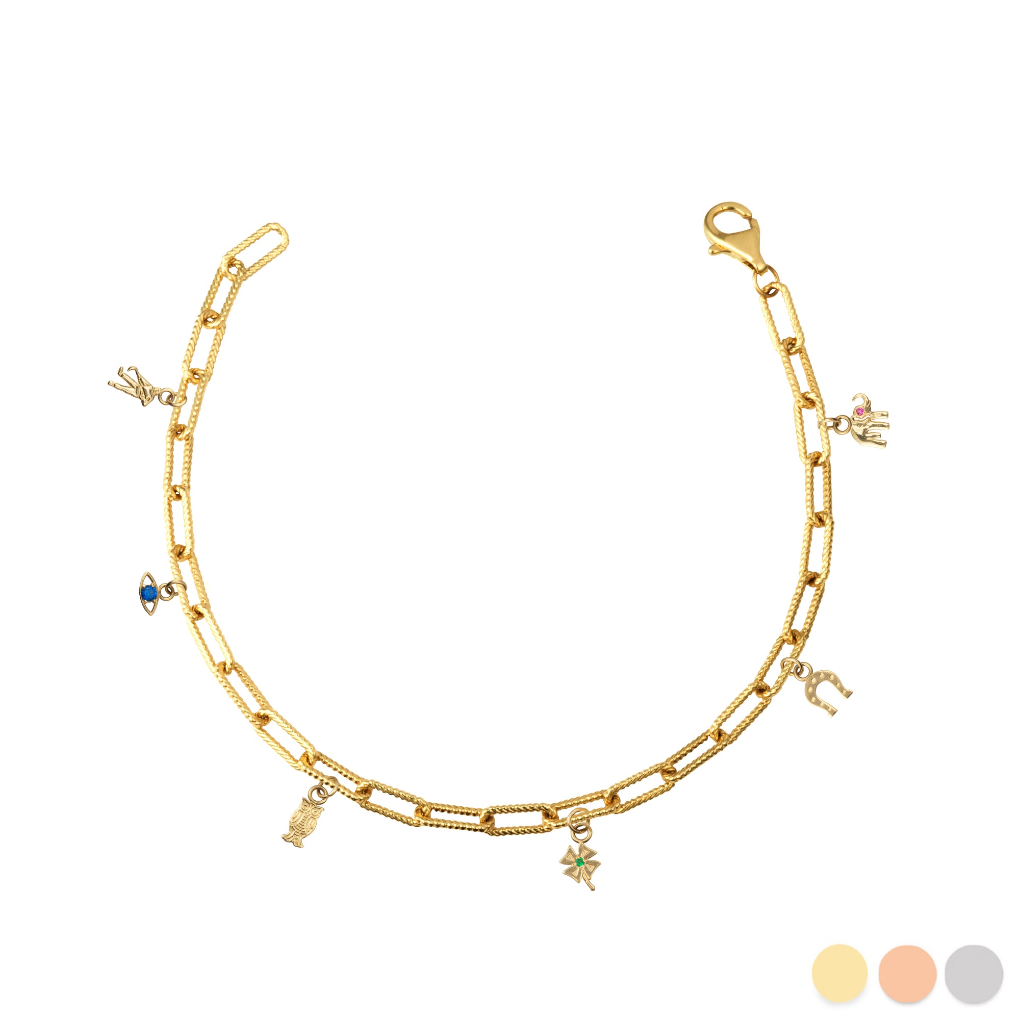Gold Lucky Charm Symbols Birthstone Paperclip Chain Link Bracelet