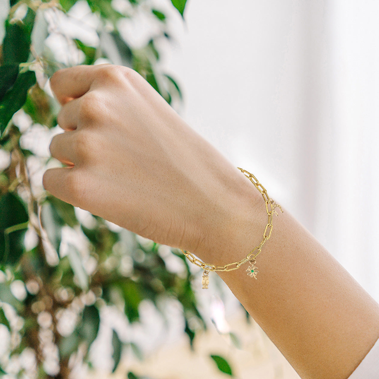 Gold Lucky Charm Symbols Birthstone Paperclip Chain Link Bracelet, view 2