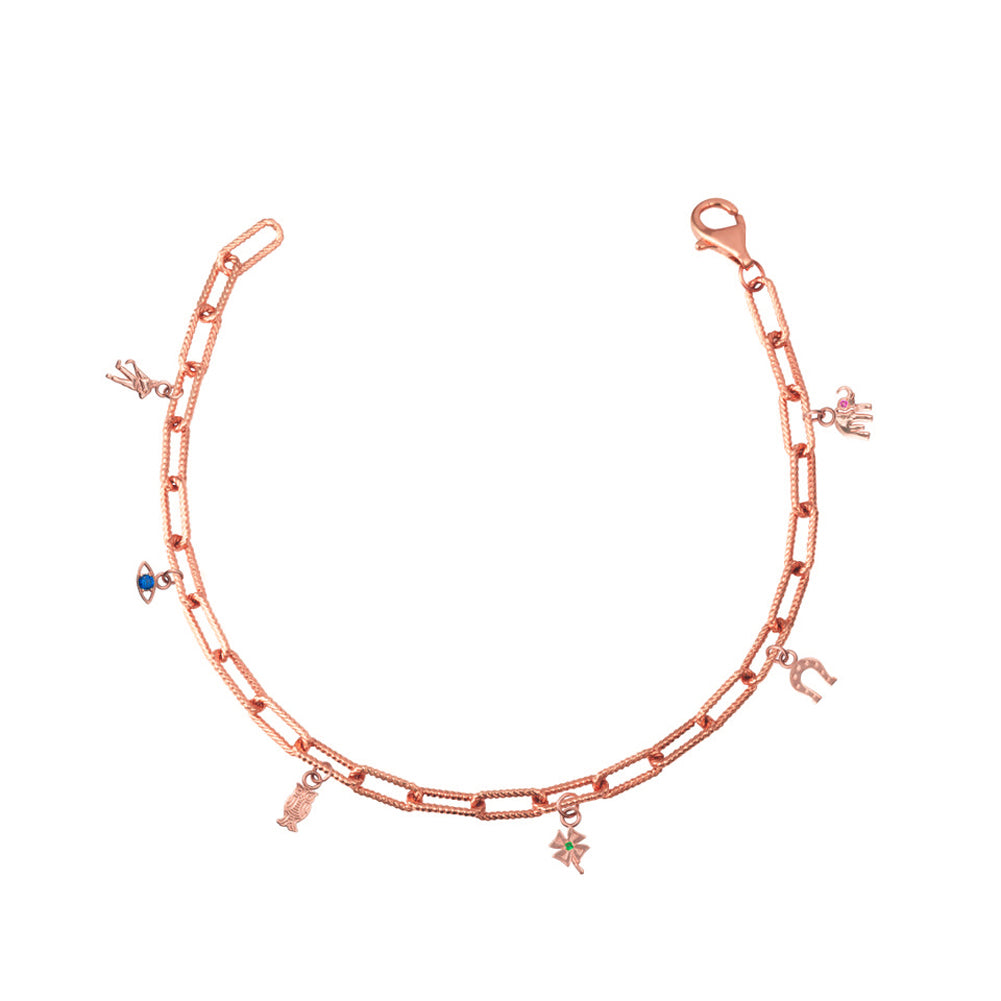 Gold Lucky Charm Symbols Birthstone Paperclip Chain Link Bracelet, view 10