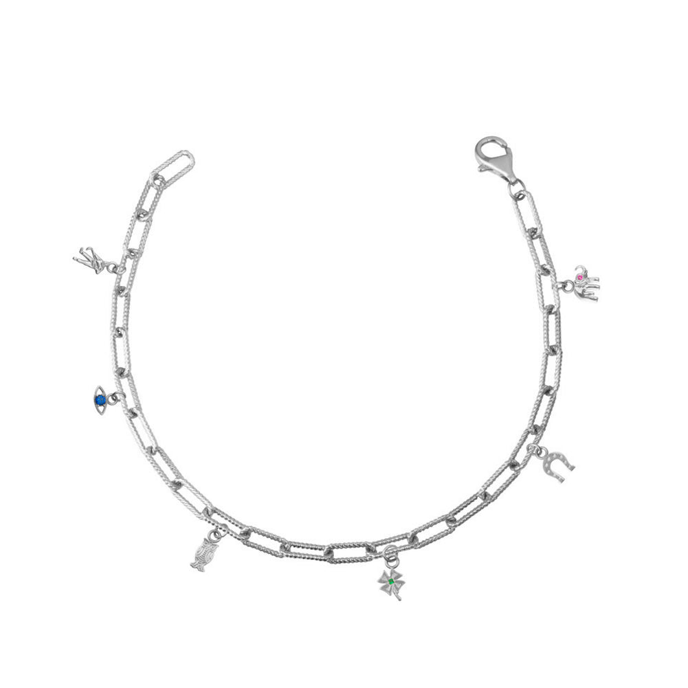 Gold Lucky Charm Symbols Birthstone Paperclip Chain Link Bracelet, view 11