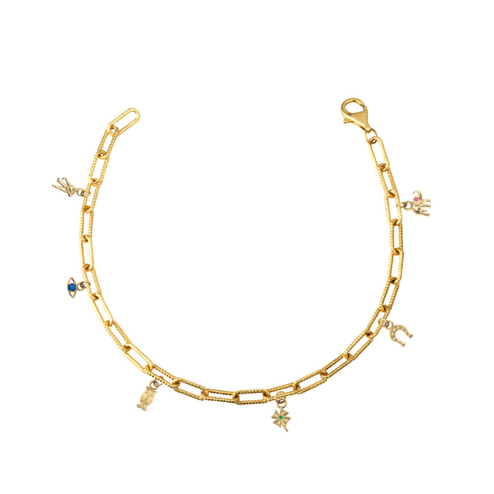 Gold Lucky Charm Symbols Birthstone Paperclip Chain Link Bracelet, view 12