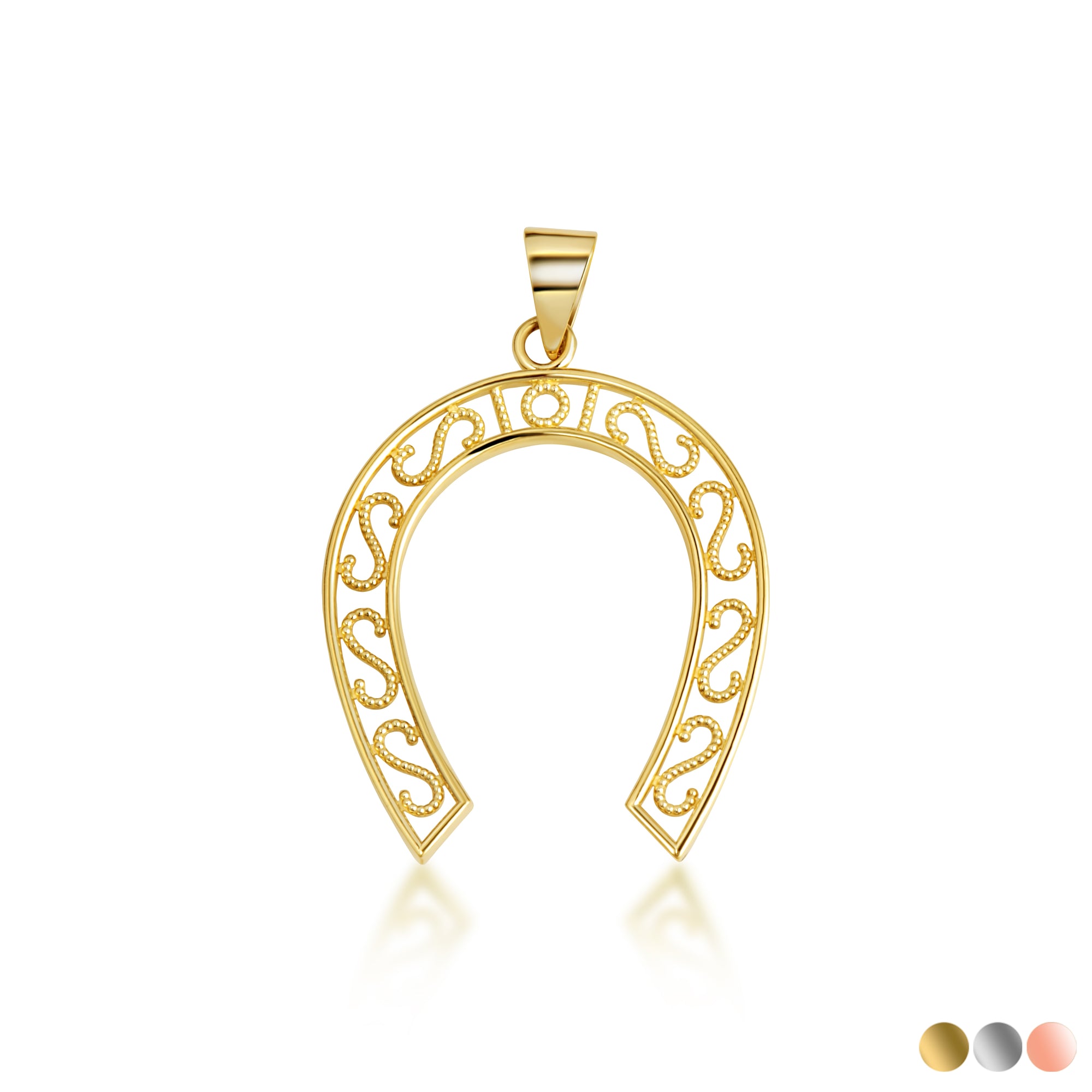 Gold Lucky Horseshoe Filigree Pendant Necklace