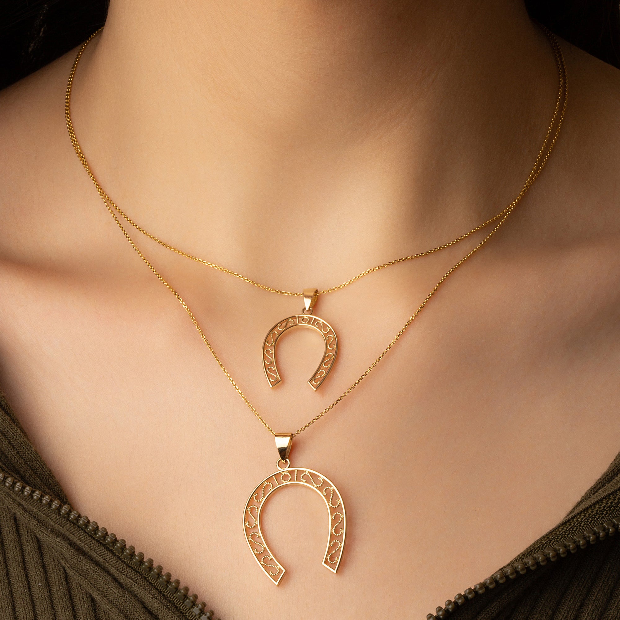 Gold Lucky Horseshoe Filigree Pendant Necklace, view 2