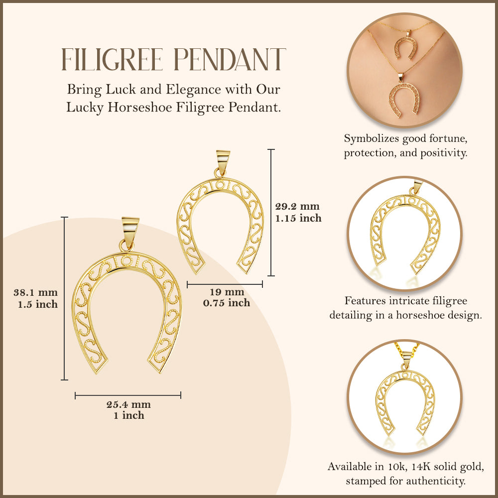Gold Lucky Horseshoe Filigree Pendant Necklace, view 3