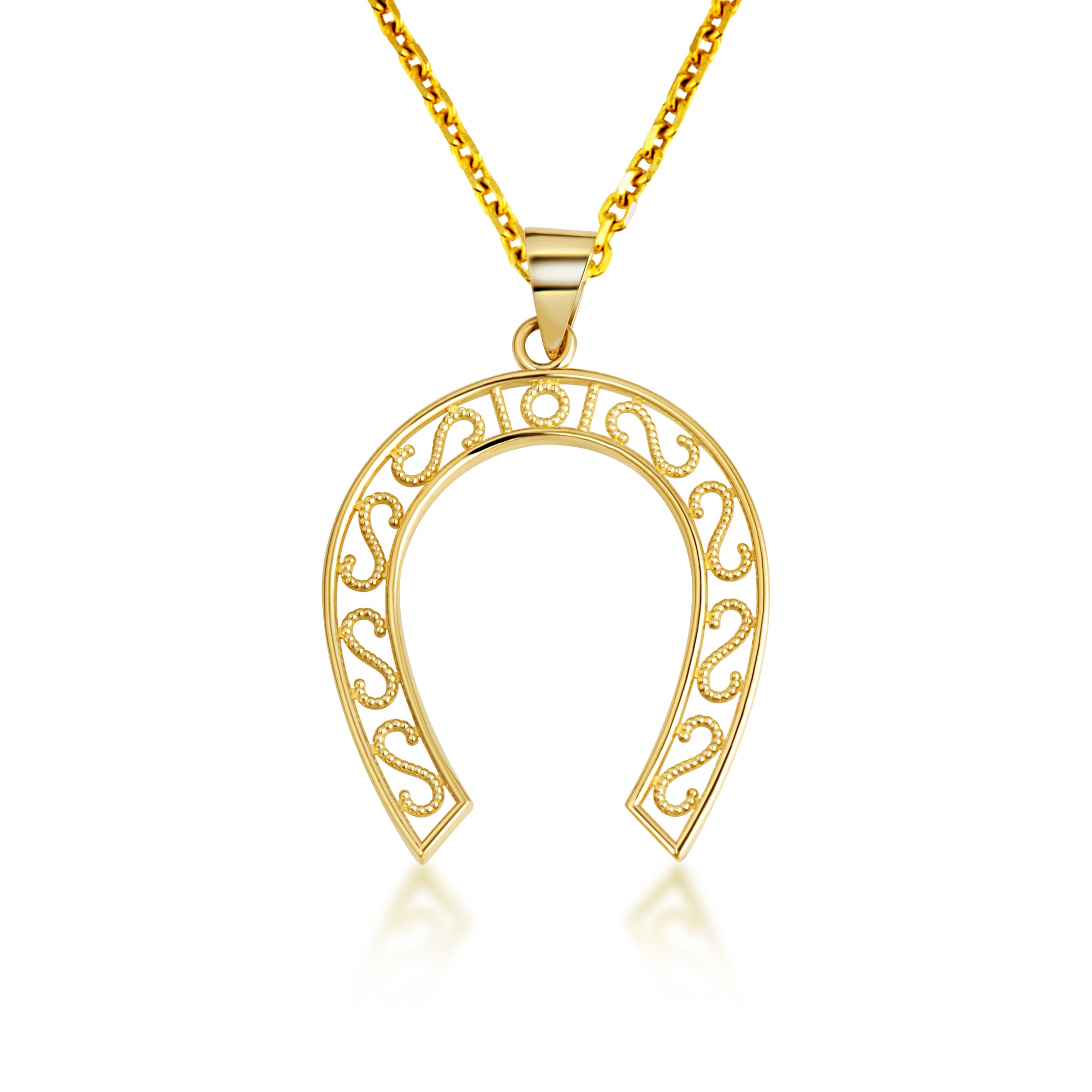 Gold Lucky Horseshoe Filigree Pendant Necklace, view 4