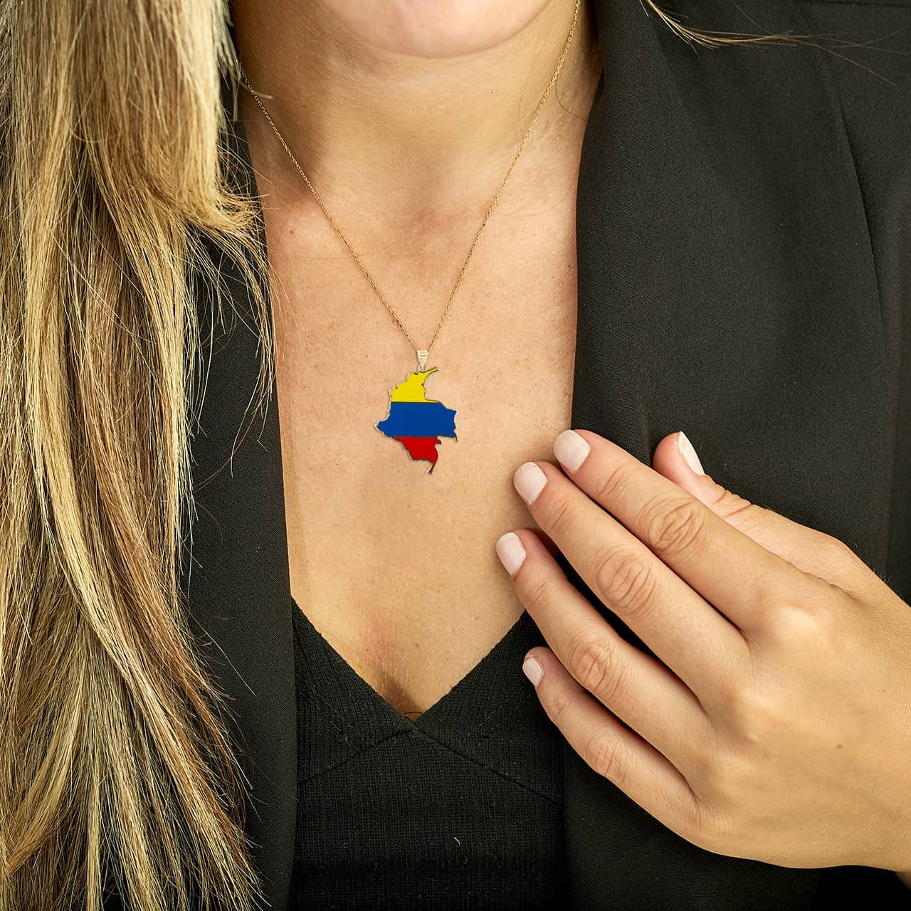 Gold Map of Colombia Country Flag Enamel Pendant Necklace, view 4
