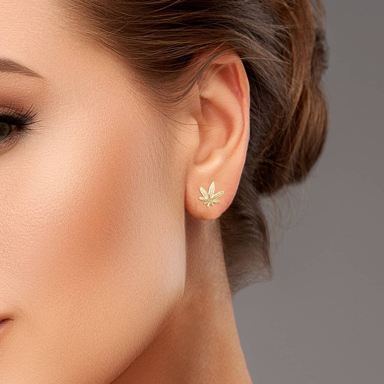 Gold Marijuana Leaf Weed Stud Earrings, view 2
