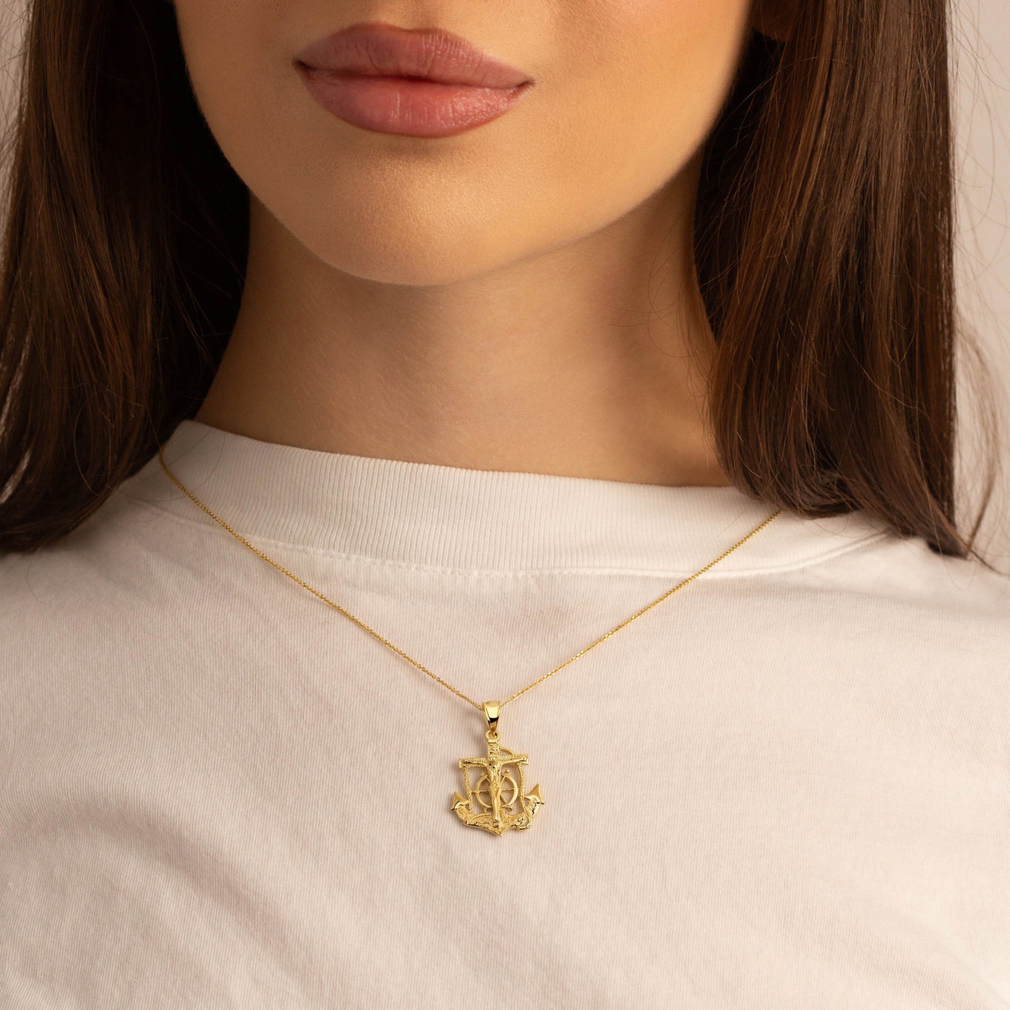 Gold Mariners Anchor Crucifix Pendant Necklace, view 3