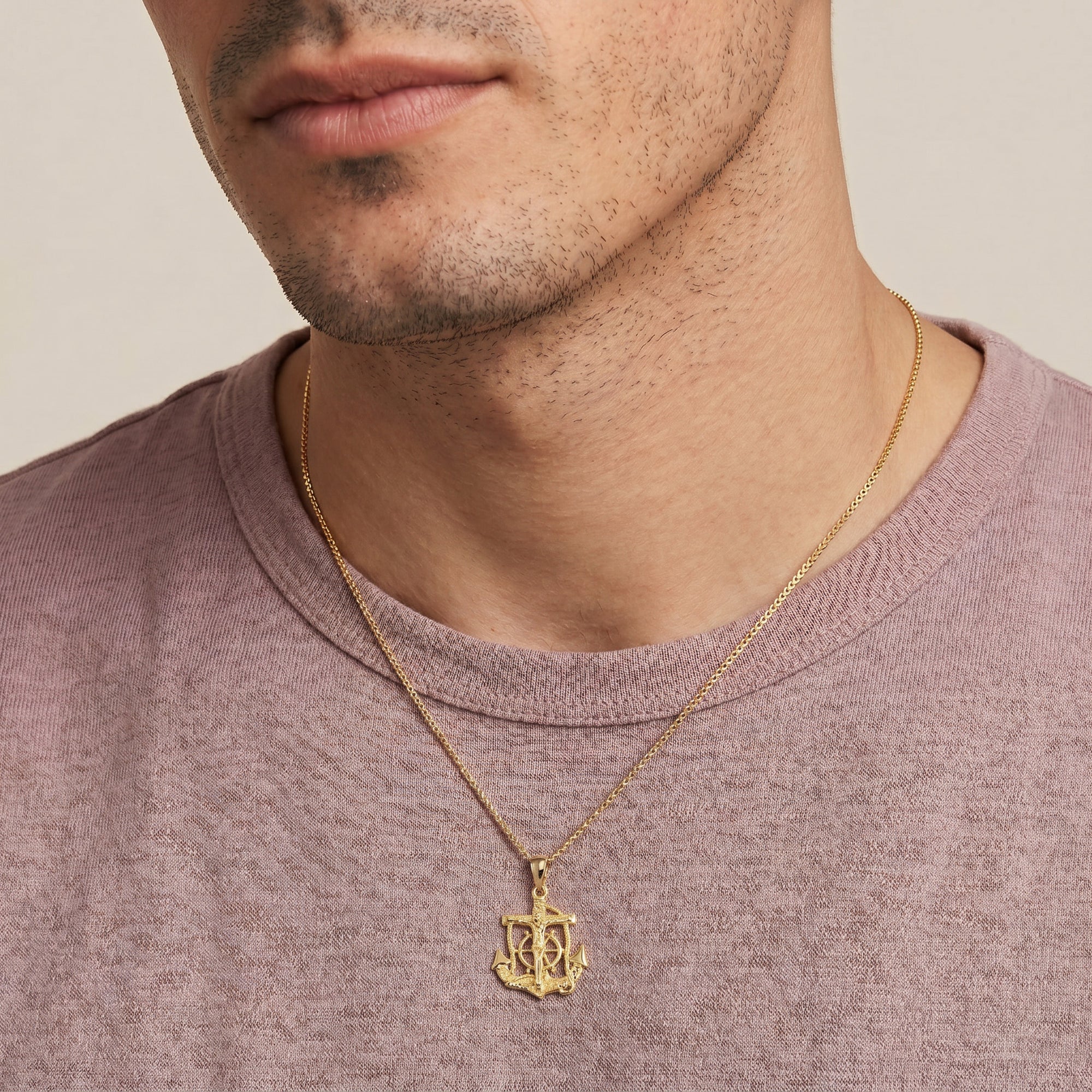 Gold Mariners Anchor Crucifix Pendant Necklace, view 4
